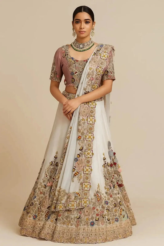 Ivory Lehenga With Contrast Blouse Dupatta - Pallodstore