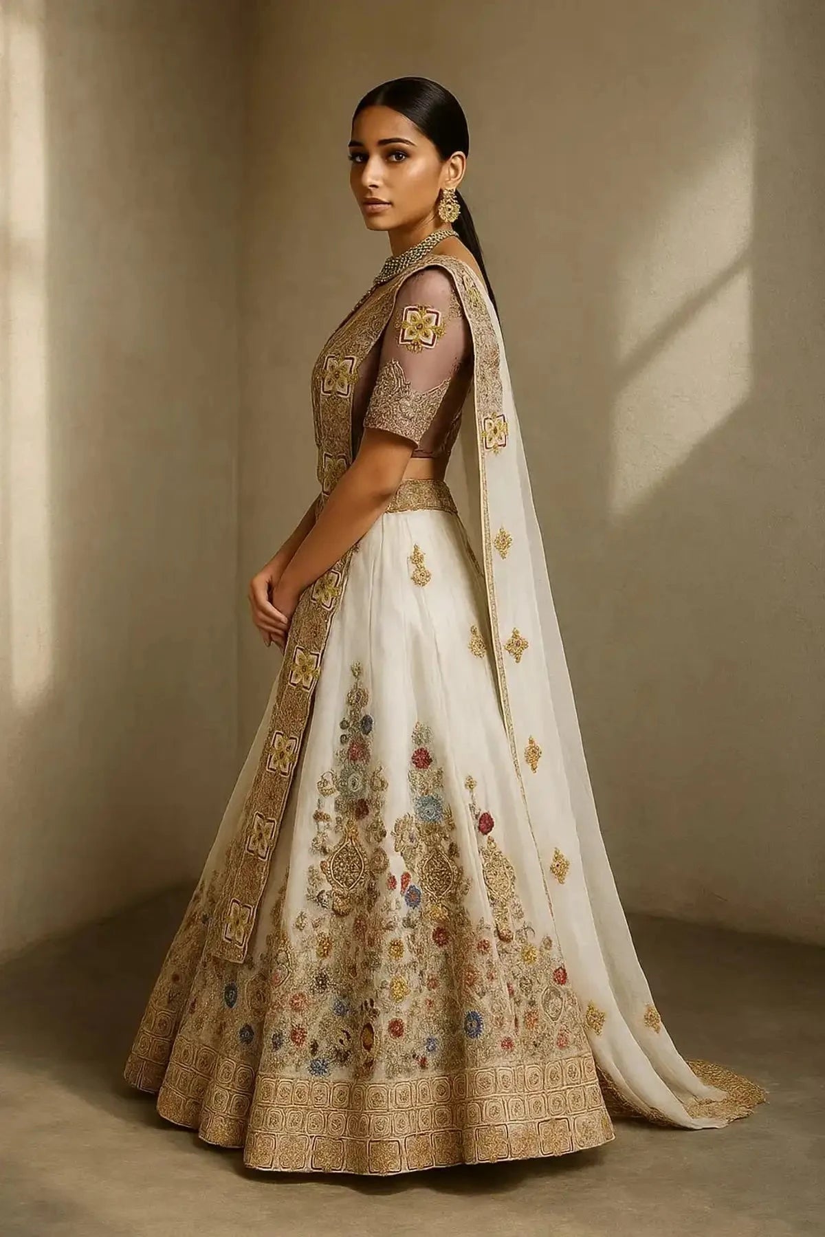 Ivory Lehenga With Contrast Blouse Dupatta - Pallodstore
