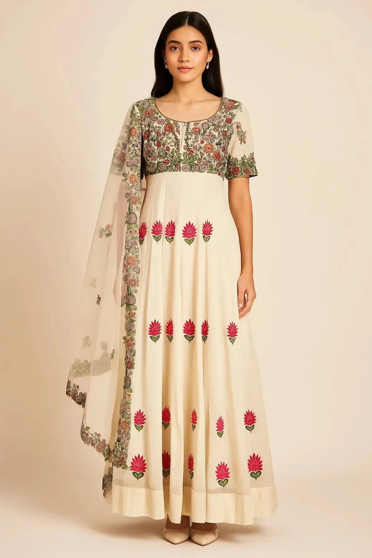 Ivory Long Anarkali - Pallodstore