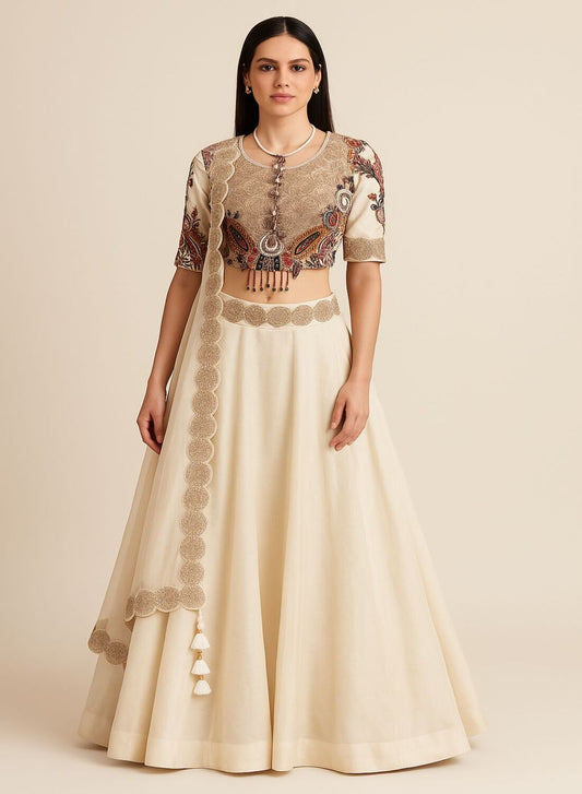 Ivory Organza Lehenga - Pallodstore