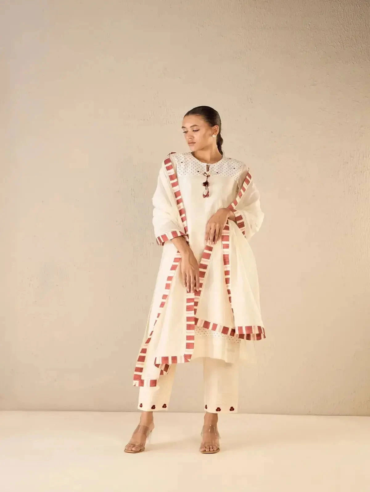 Ivory Polka Detailing Kurta Set with Bloom Dots - Pallodstore