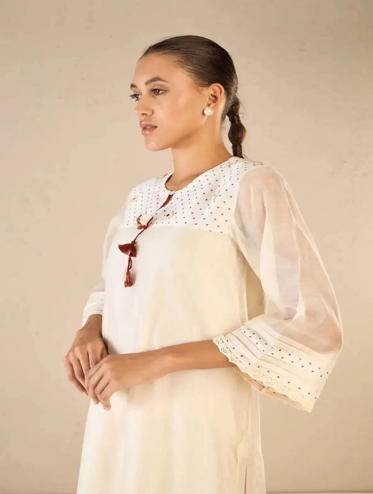Ivory Polka Detailing Kurta Set with Bloom Dots - Pallodstore