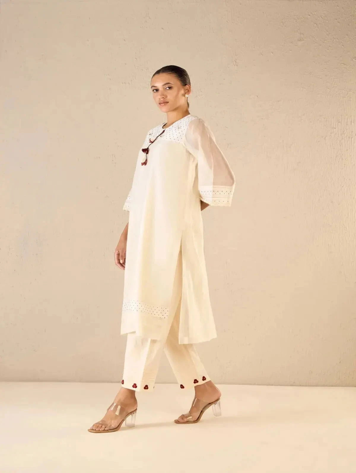 Ivory Polka Detailing Kurta Set with Bloom Dots - Pallodstore