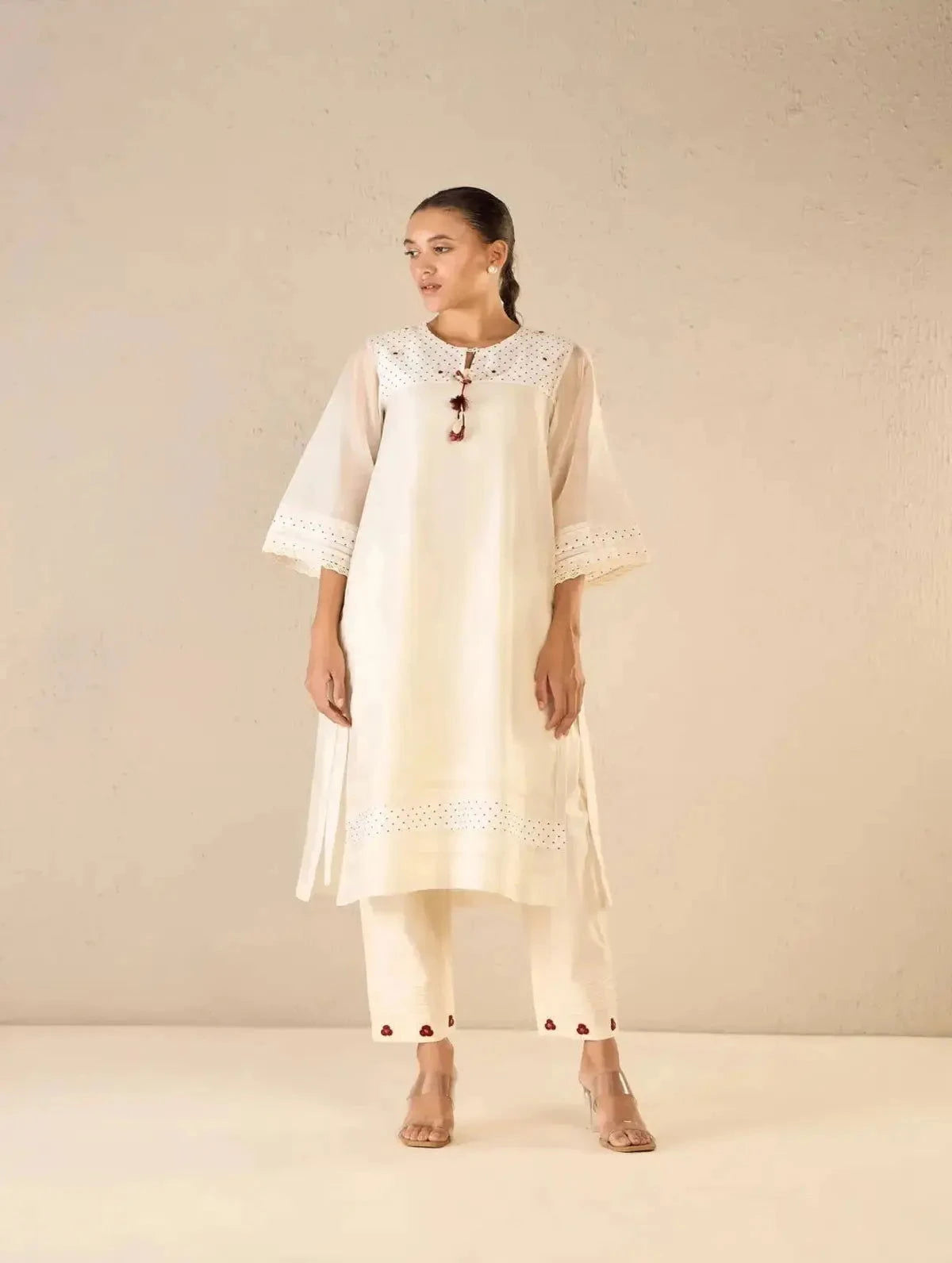 Ivory Polka Detailing Kurta Set with Bloom Dots - Pallodstore