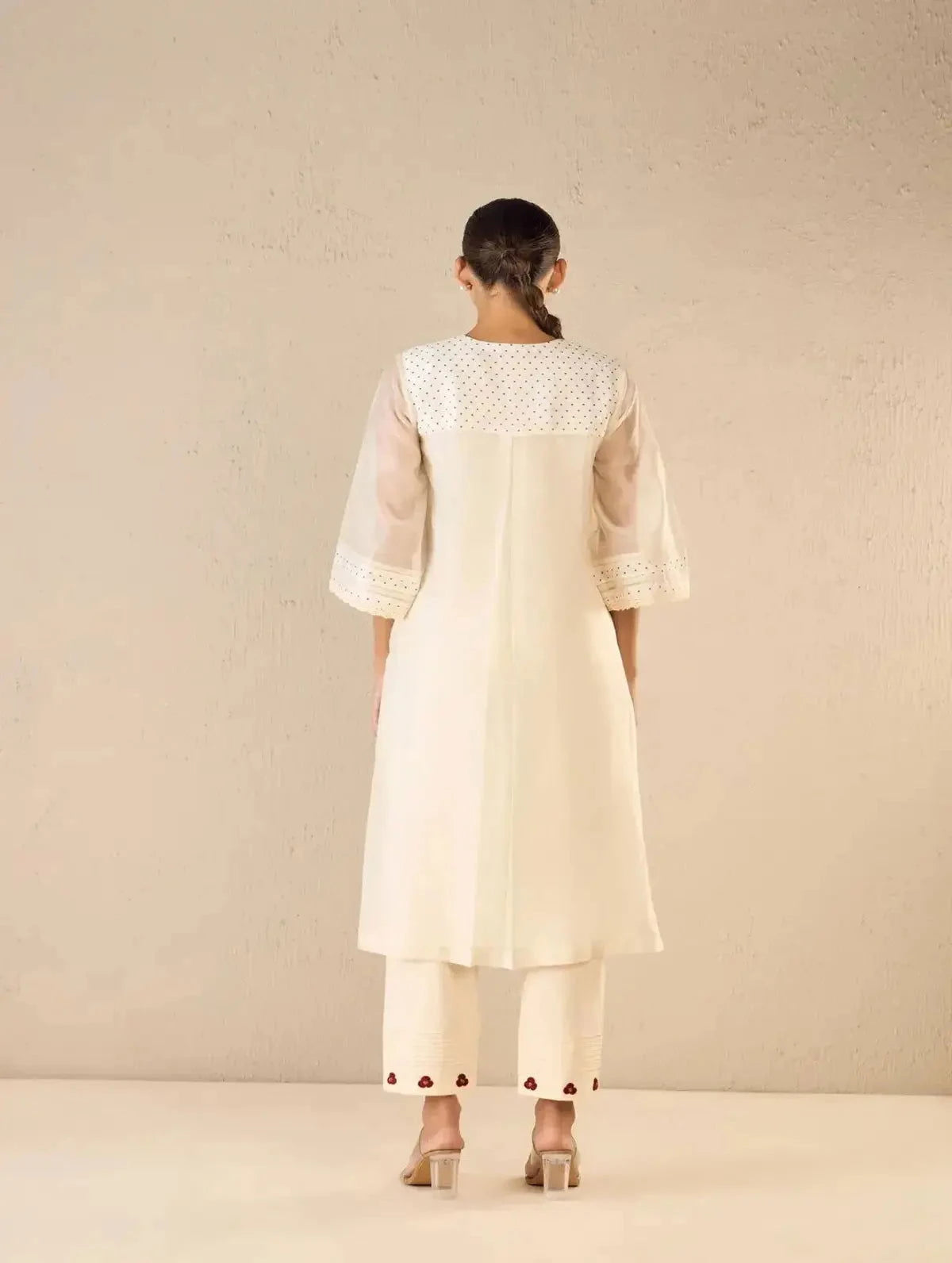 Ivory Polka Detailing Kurta Set with Bloom Dots - Pallodstore