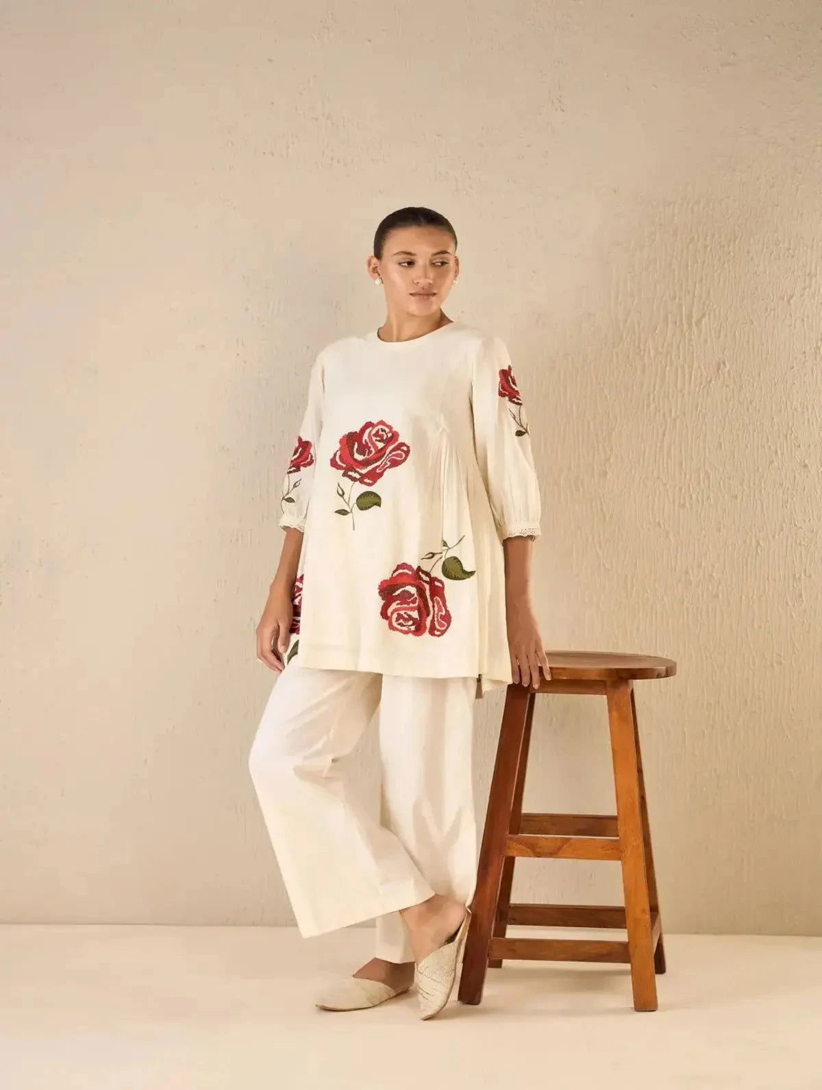 Ivory Royal Rose Side Gathers CO-Ord Set - Pallodstore