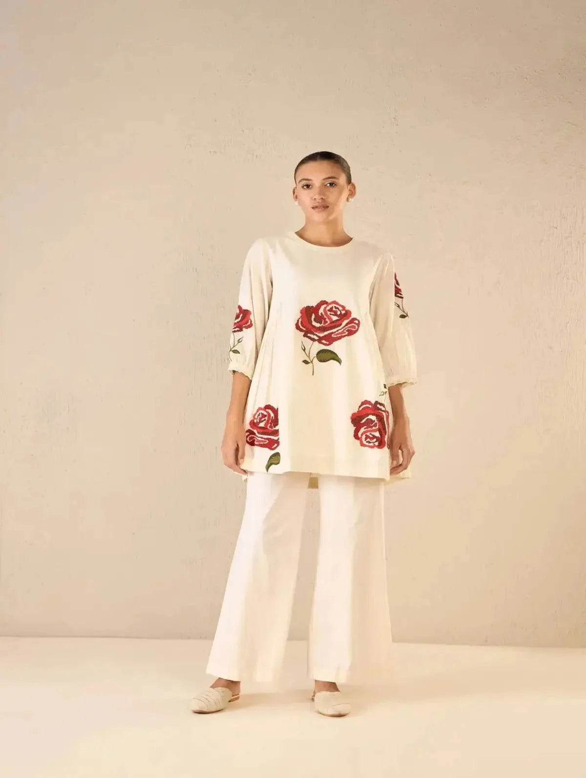 Ivory Royal Rose Side Gathers CO-Ord Set - Pallodstore
