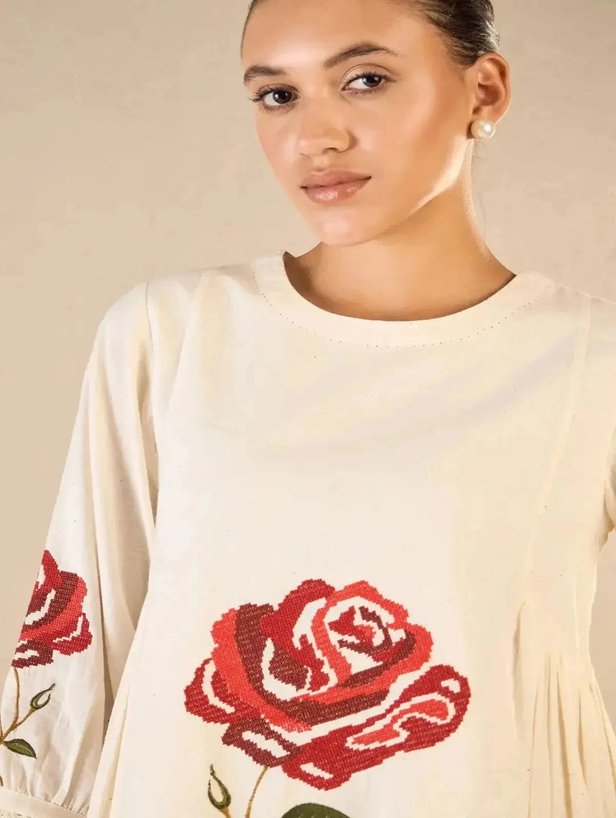 Ivory Royal Rose Side Gathers CO-Ord Set - Pallodstore