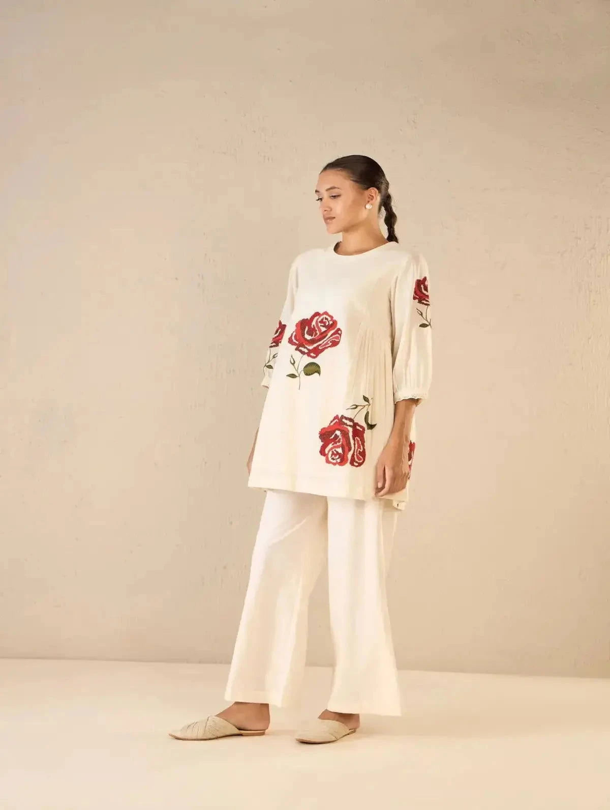 Ivory Royal Rose Side Gathers CO-Ord Set - Pallodstore