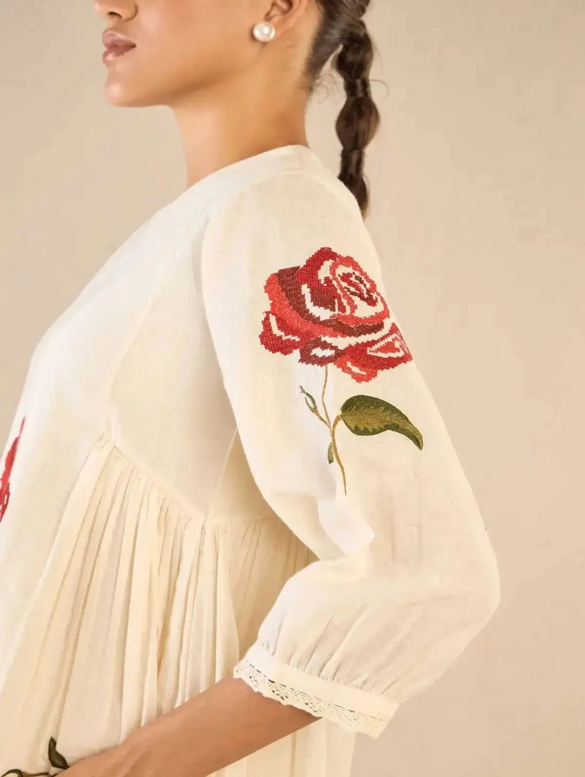Ivory Royal Rose Side Gathers CO-Ord Set - Pallodstore