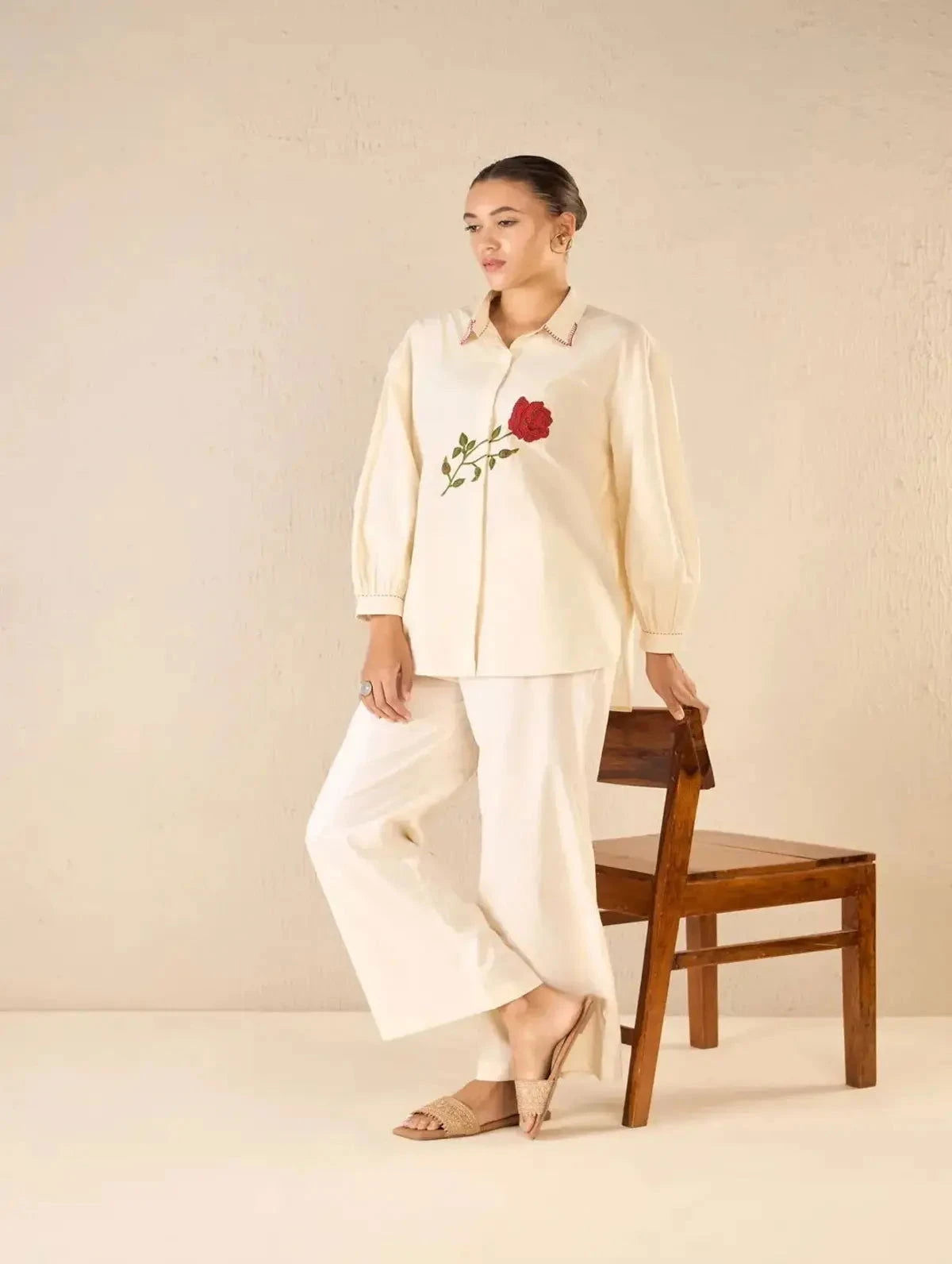 Ivory Scarlet Rose Oversize Cotton Shirt CO-Ord Set - Pallodstore