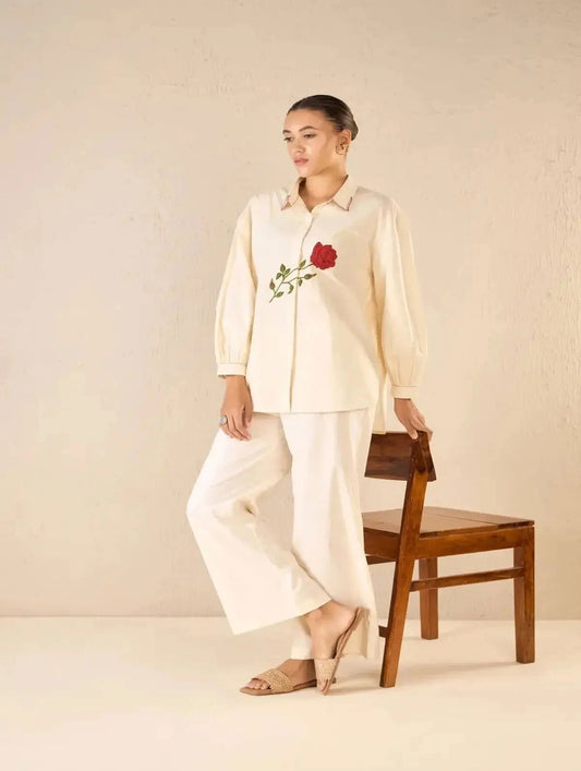 Ivory Scarlet Rose Oversize Cotton Shirt CO-Ord Set - Pallodstore