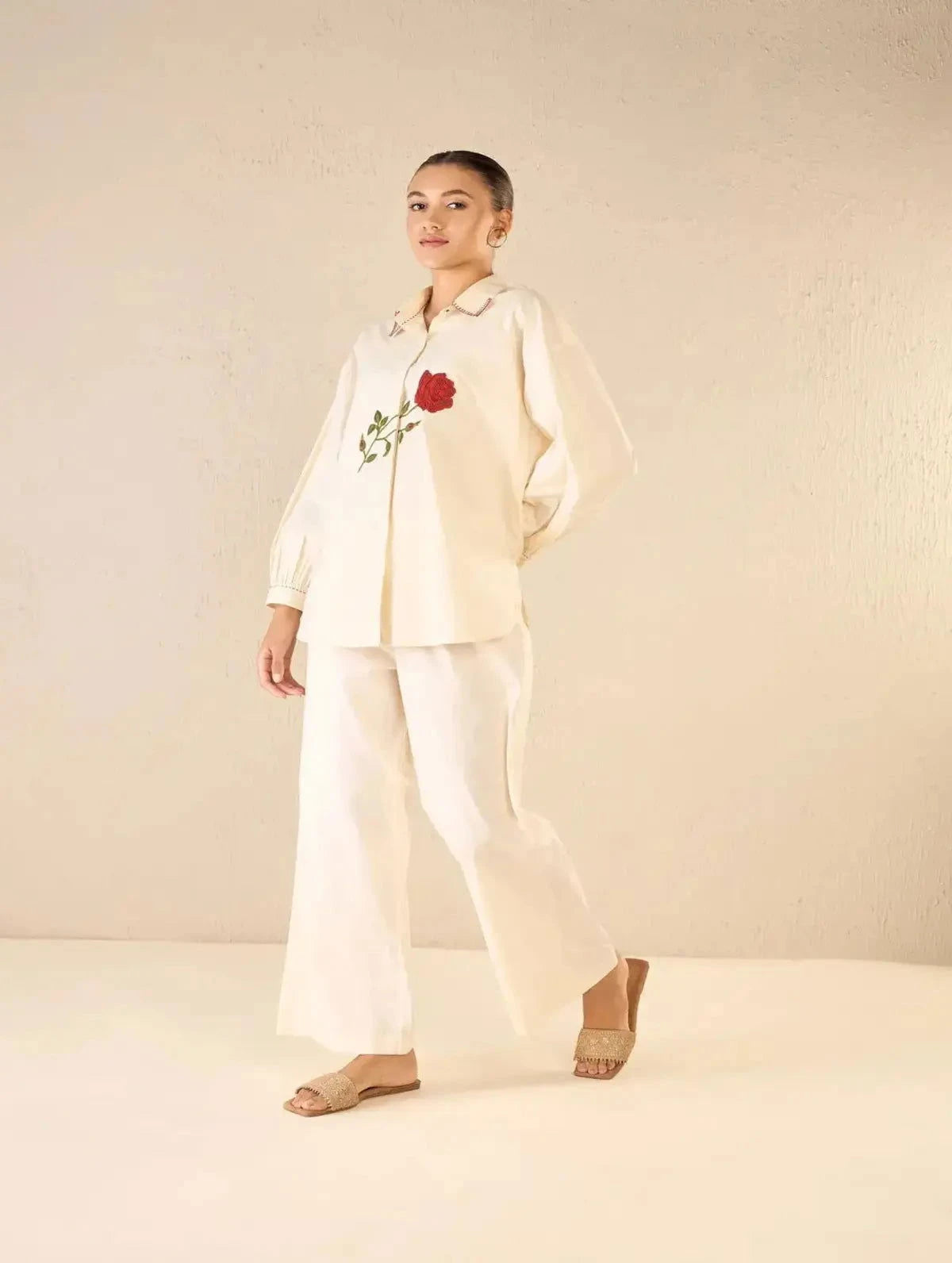 Ivory Scarlet Rose Oversize Cotton Shirt CO-Ord Set - Pallodstore
