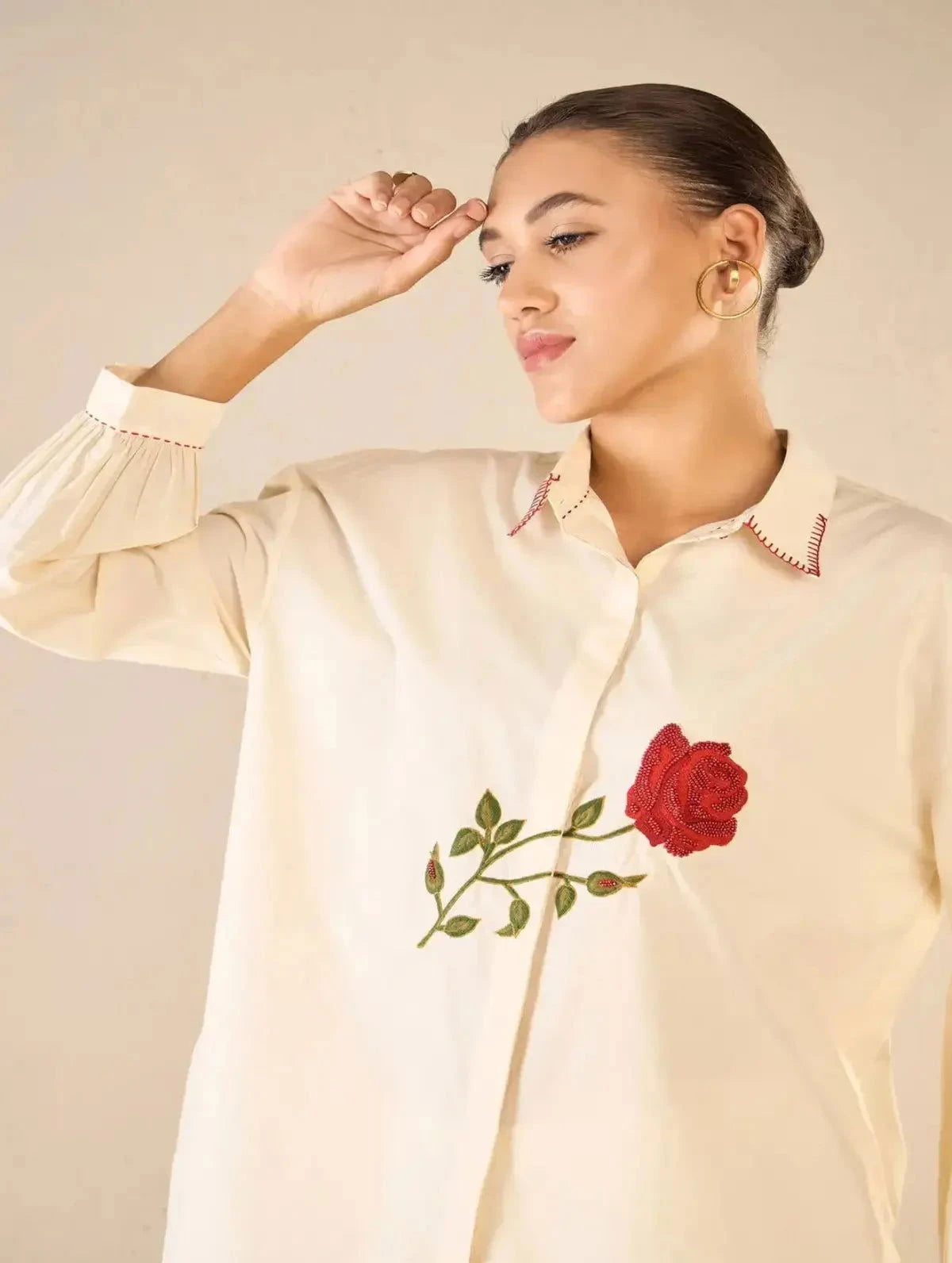 Ivory Scarlet Rose Oversize Cotton Shirt CO-Ord Set - Pallodstore