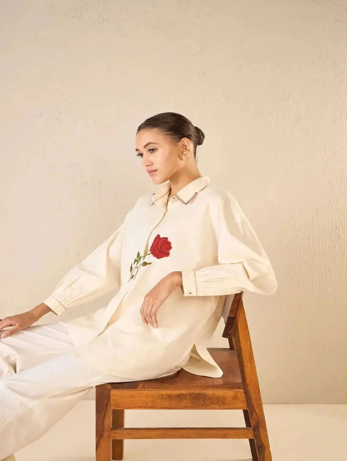 Ivory Scarlet Rose Oversize Cotton Shirt CO-Ord Set - Pallodstore