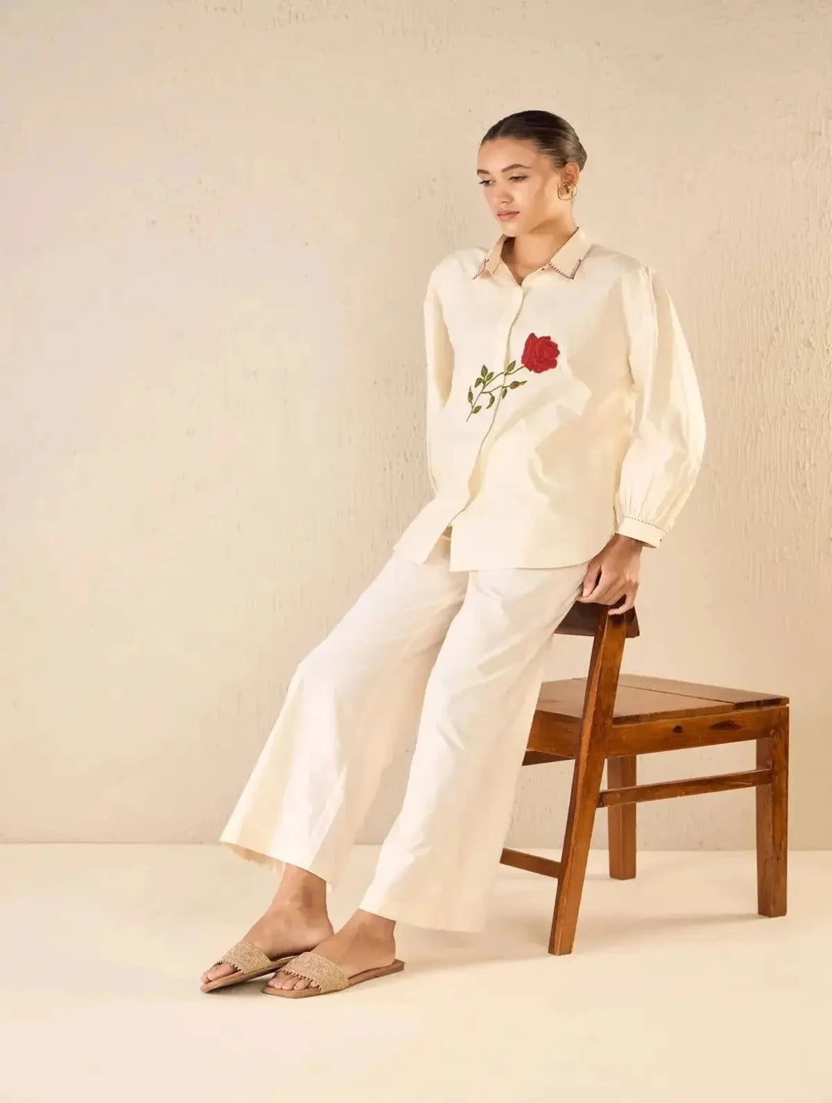 Ivory Scarlet Rose Oversize Cotton Shirt CO-Ord Set - Pallodstore