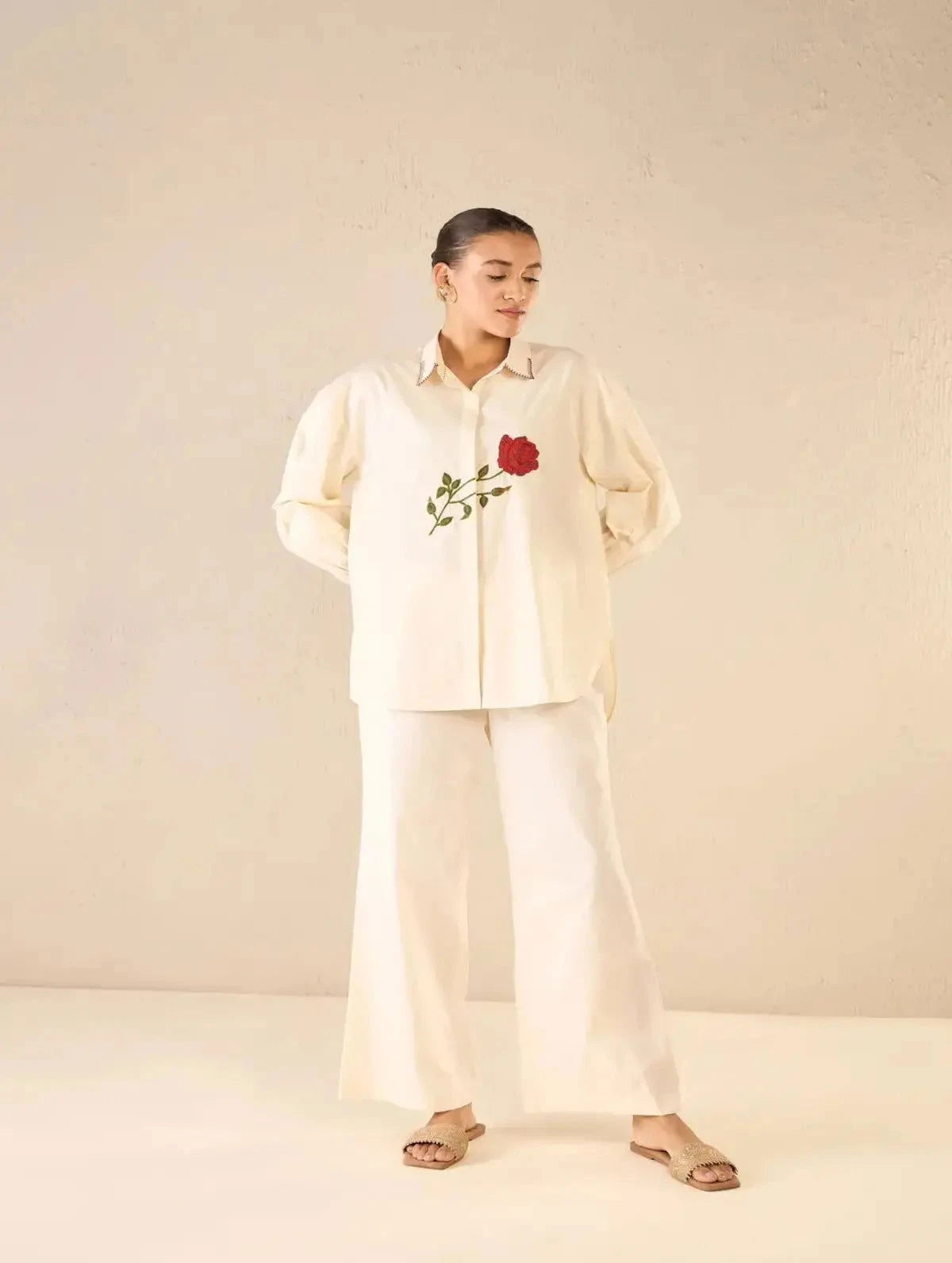 Ivory Scarlet Rose Oversize Cotton Shirt CO-Ord Set - Pallodstore