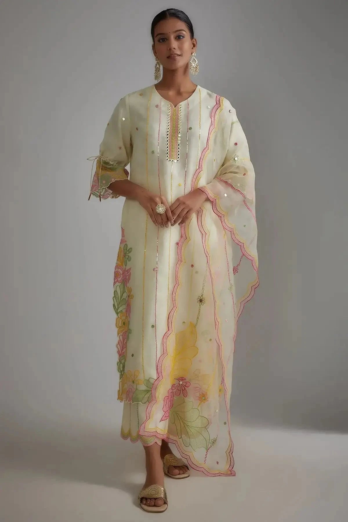 Ivory Silk Organza Embellished Kurta Set - Pallodstore
