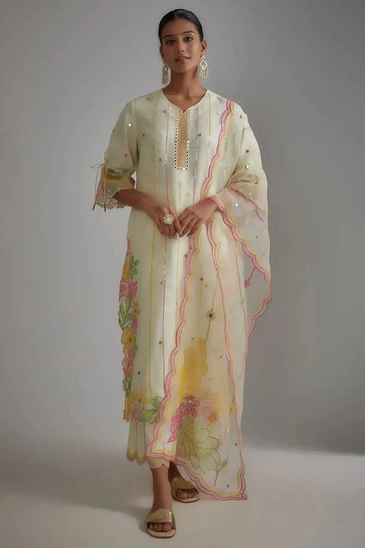 Ivory Silk Organza Embellished Kurta Set - Pallodstore