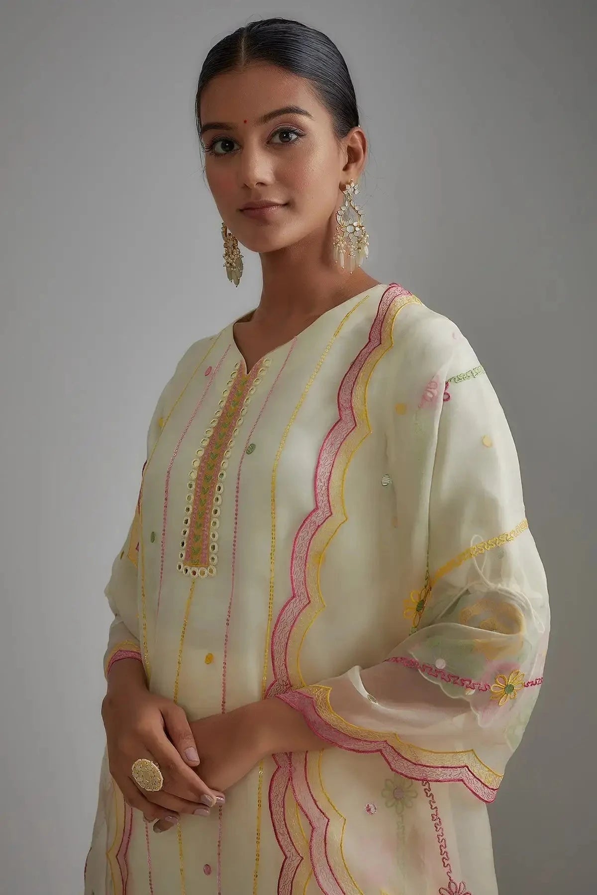 Ivory Silk Organza Embellished Kurta Set - Pallodstore