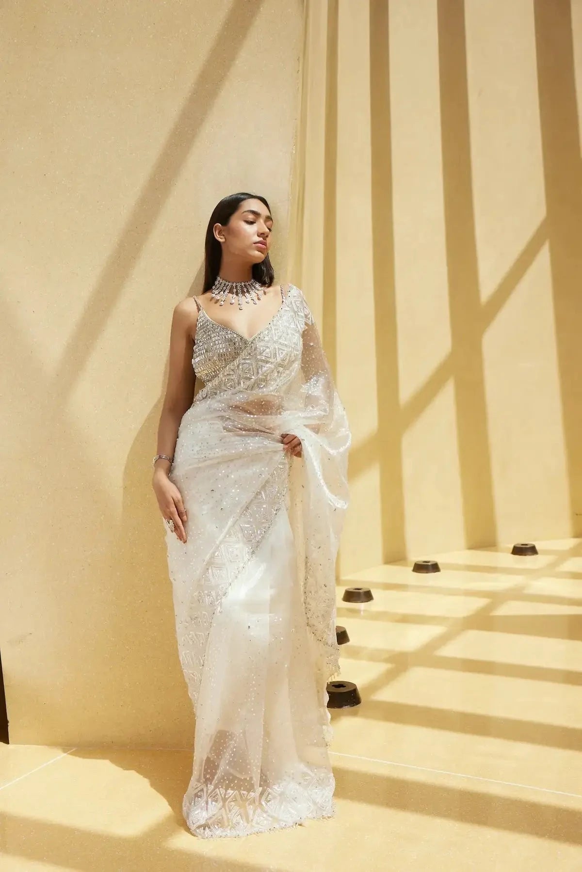 Ivory Stone Embellished Tissue Saree - Pallodstore
