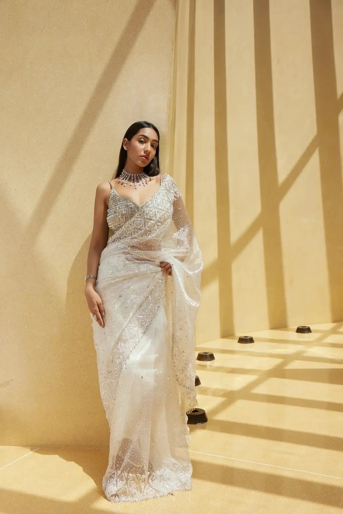 Ivory Stone Embellished Tissue Saree - Pallodstore
