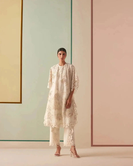 Ivory Tonal Cutwork Beadwork Kaftan - Pallodstore