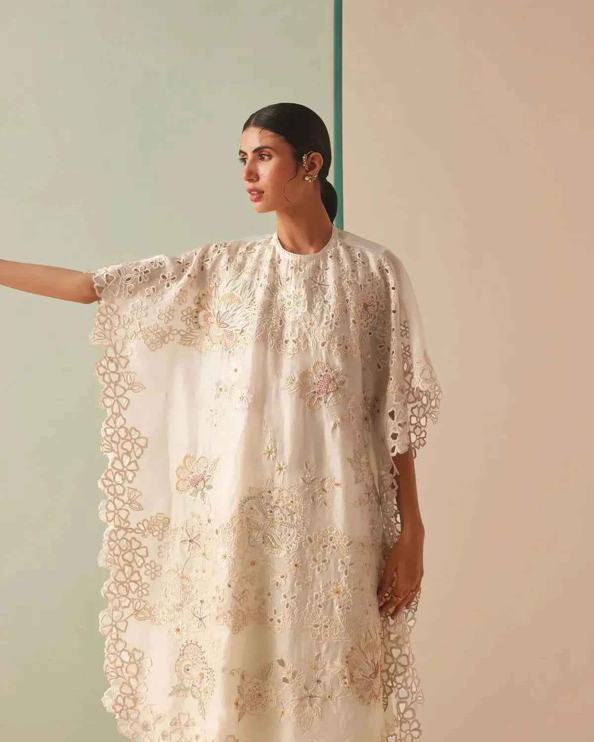 Ivory Tonal Cutwork Beadwork Kaftan - Pallodstore