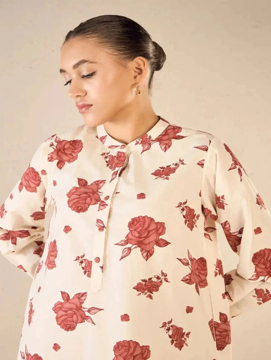 Ivory Vintage Red Rose Print Tunic Co-ord Set - Pallodstore