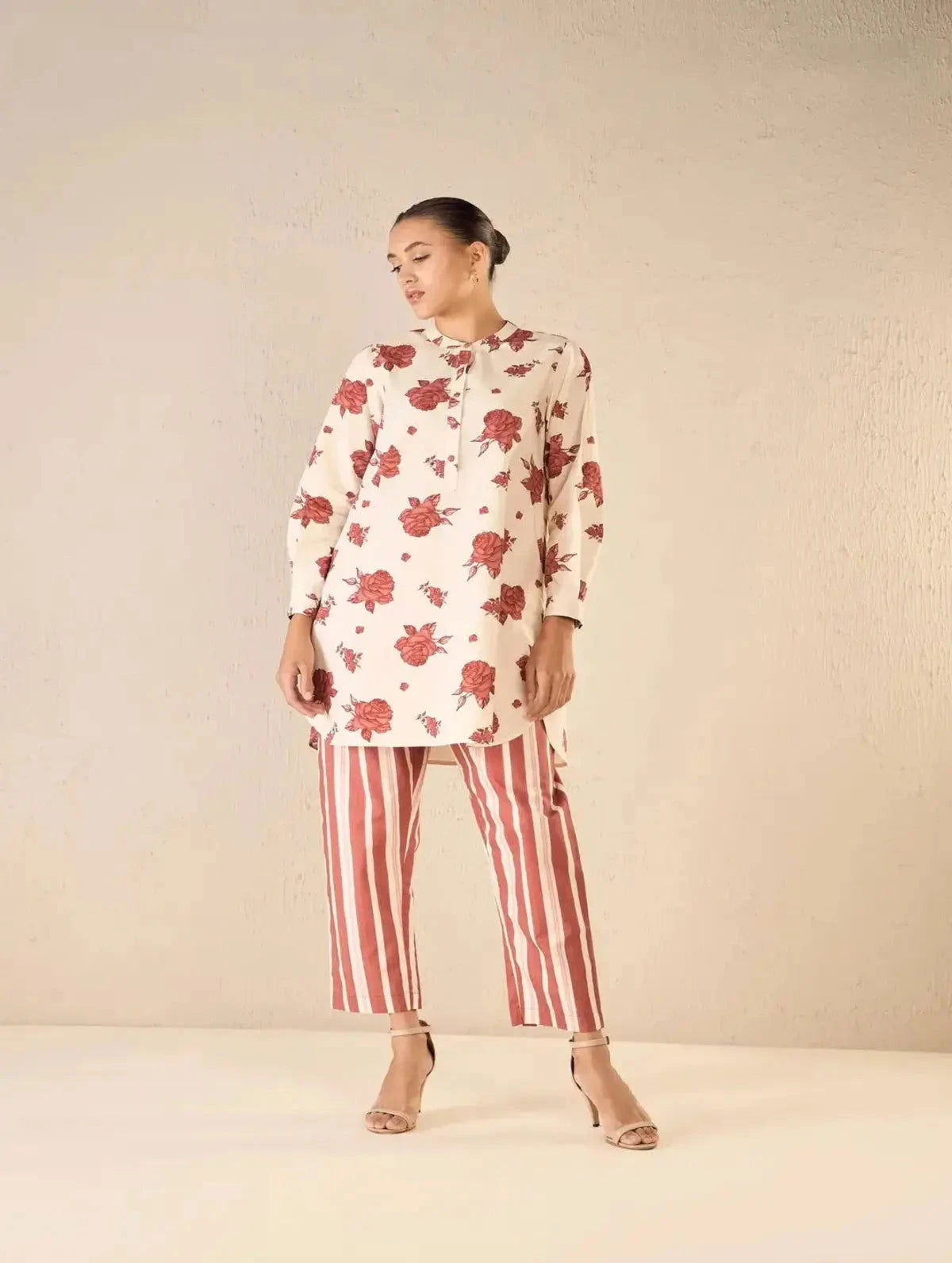Ivory Vintage Red Rose Print Tunic Co-ord Set - Pallodstore