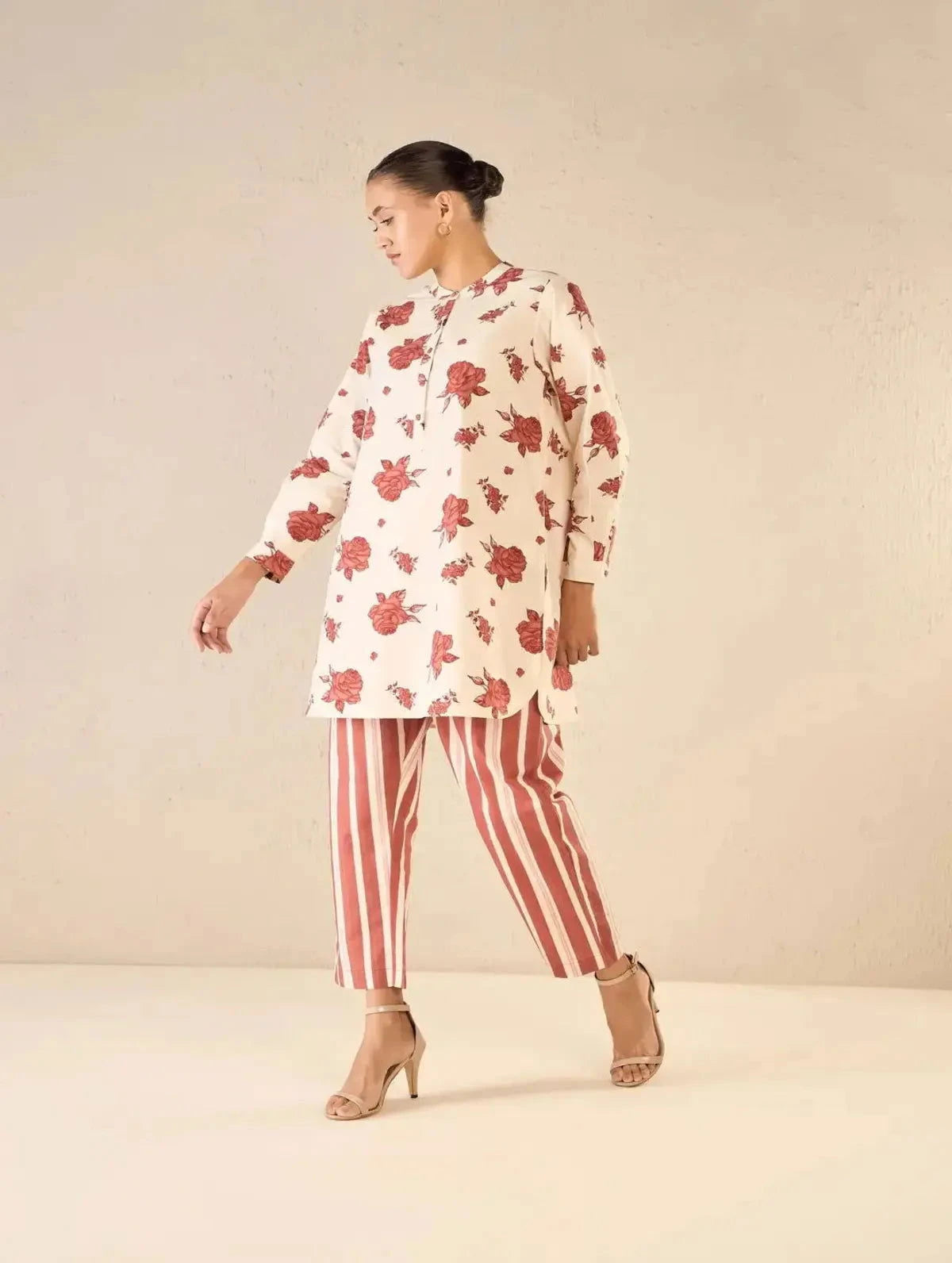 Ivory Vintage Red Rose Print Tunic Co-ord Set - Pallodstore