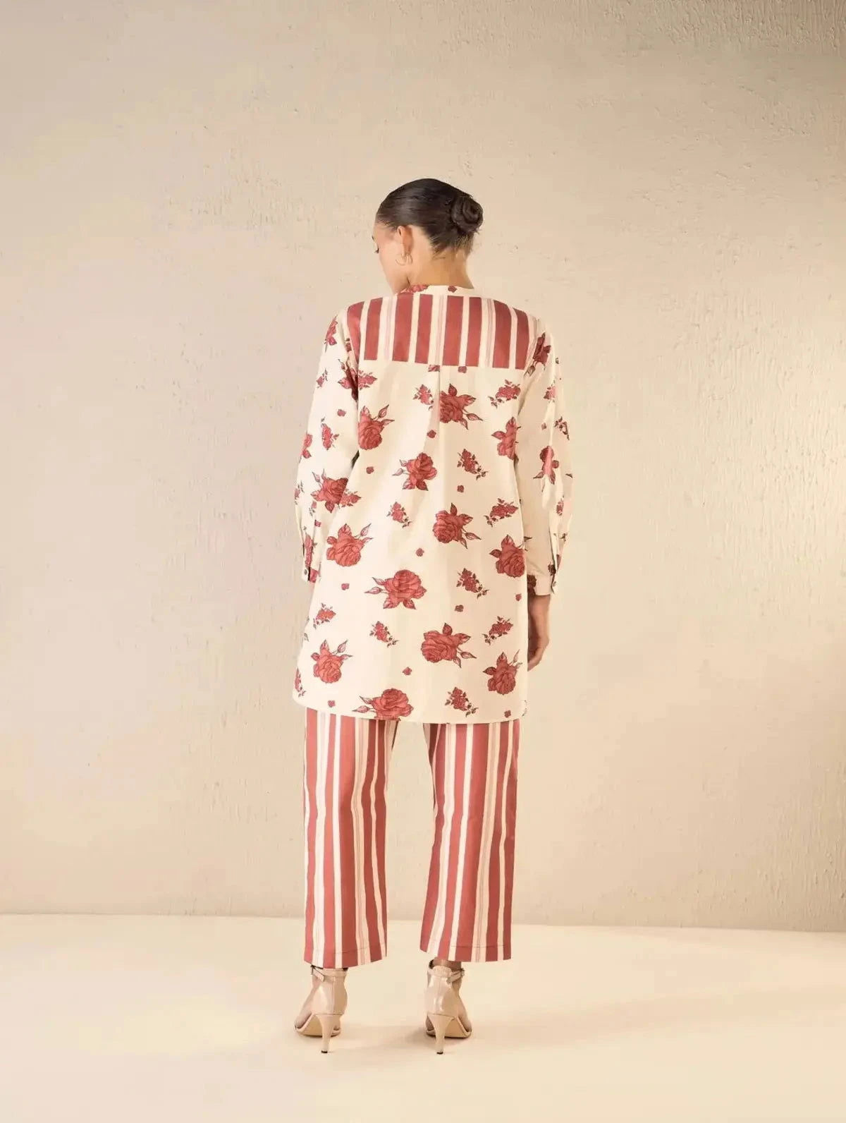 Ivory Vintage Red Rose Print Tunic Co-ord Set - Pallodstore