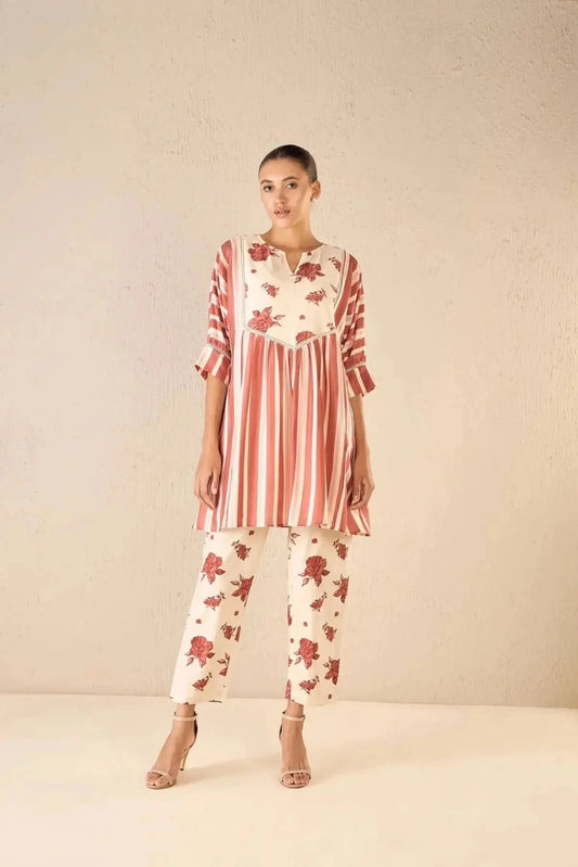Ivory Vintage Rose Red Stripe Cape Set - Pallodstore