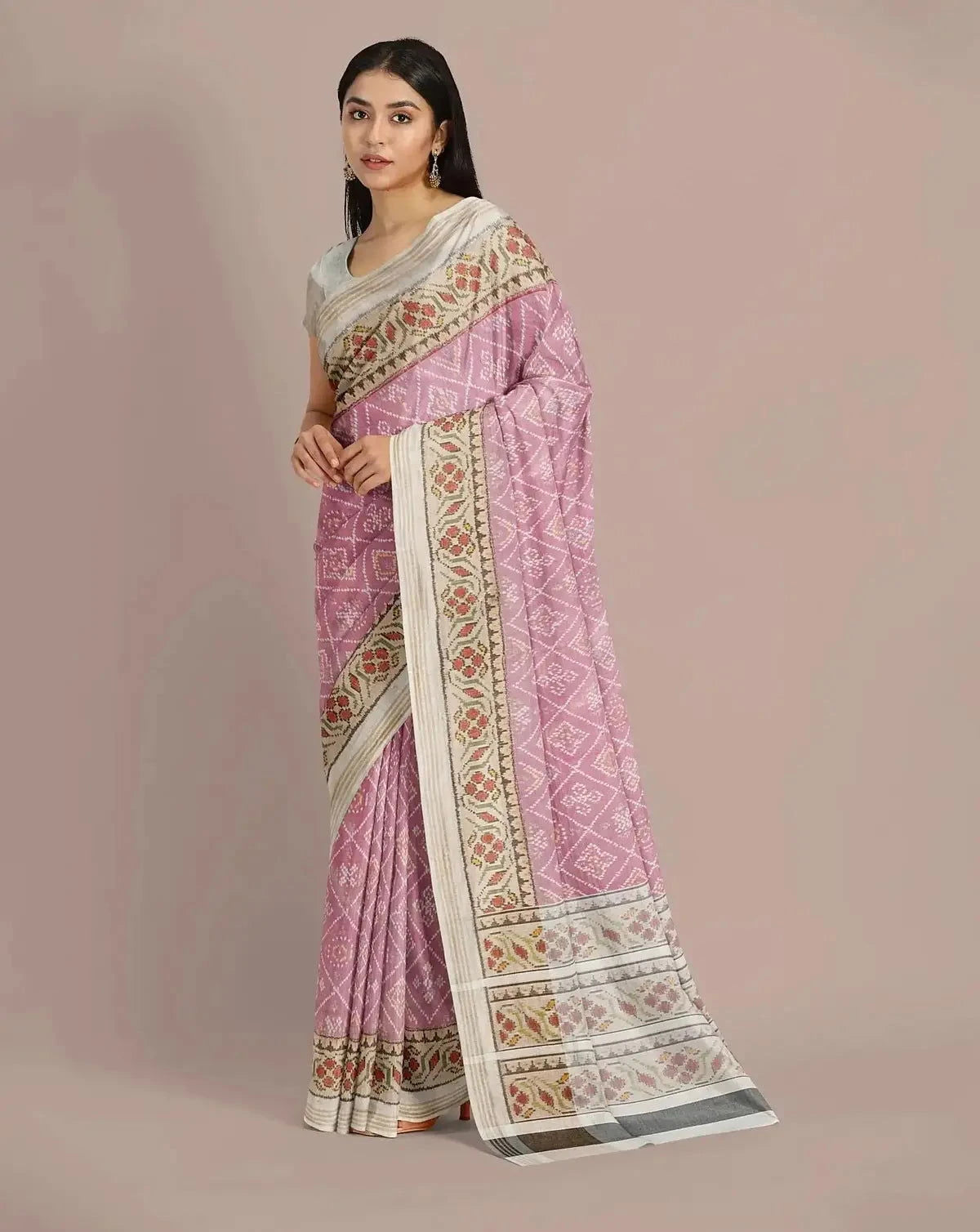 Ivory with Rani Pink Patola Tissue Silk Saree - Pallodstore