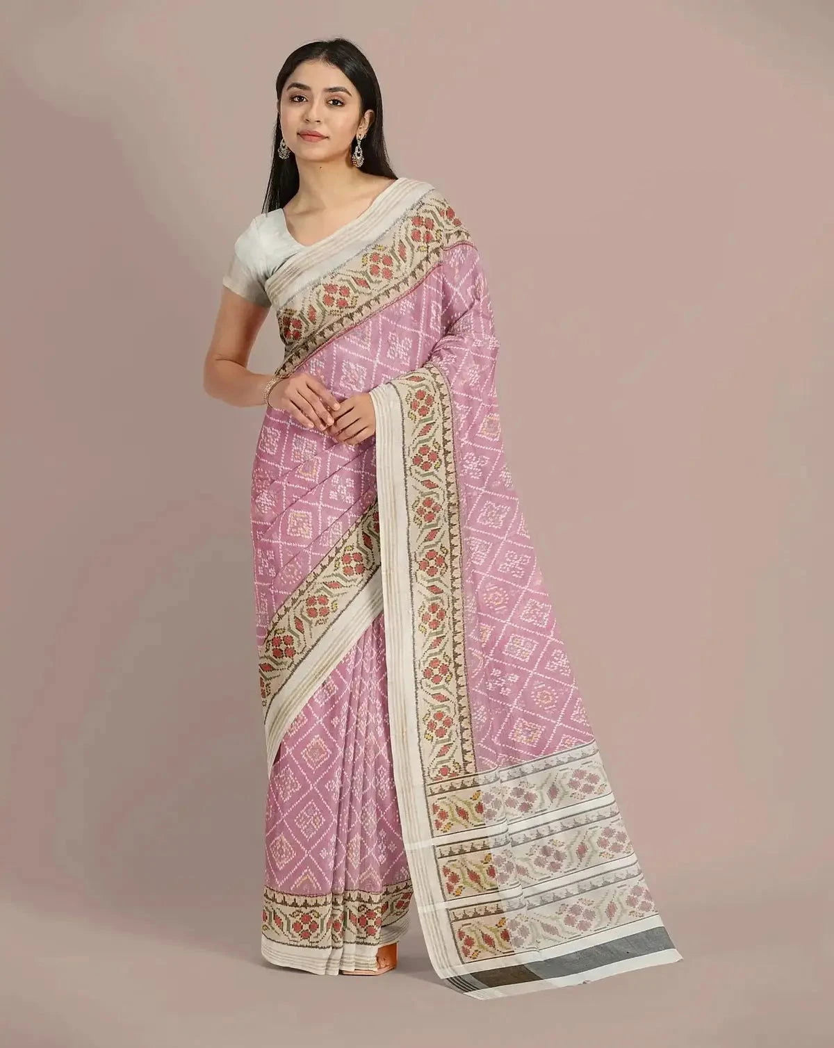 Ivory with Rani Pink Patola Tissue Silk Saree - Pallodstore
