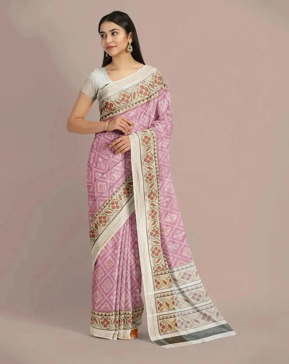 Ivory with Rani Pink Patola Tissue Silk Saree - Pallodstore