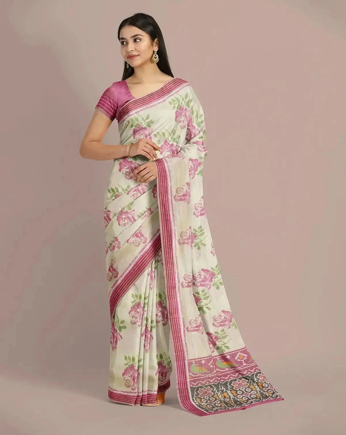 Ivory with onion Pink Patola Silk Saree - Pallodstore