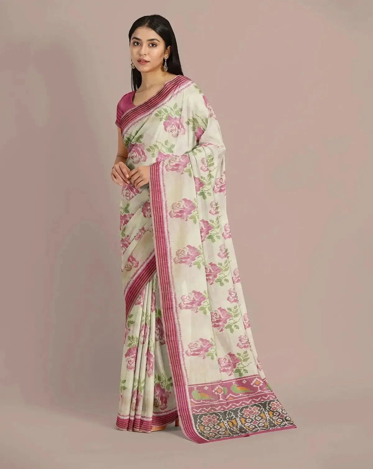 Ivory with onion Pink Patola Silk Saree - Pallodstore