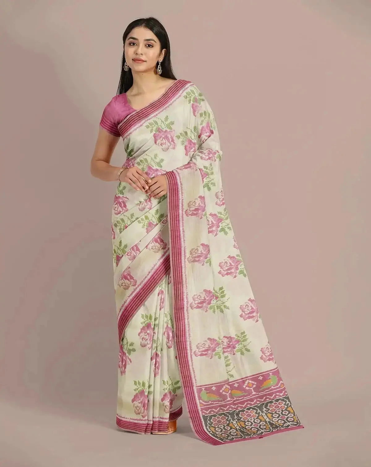 Ivory with onion Pink Patola Silk Saree - Pallodstore