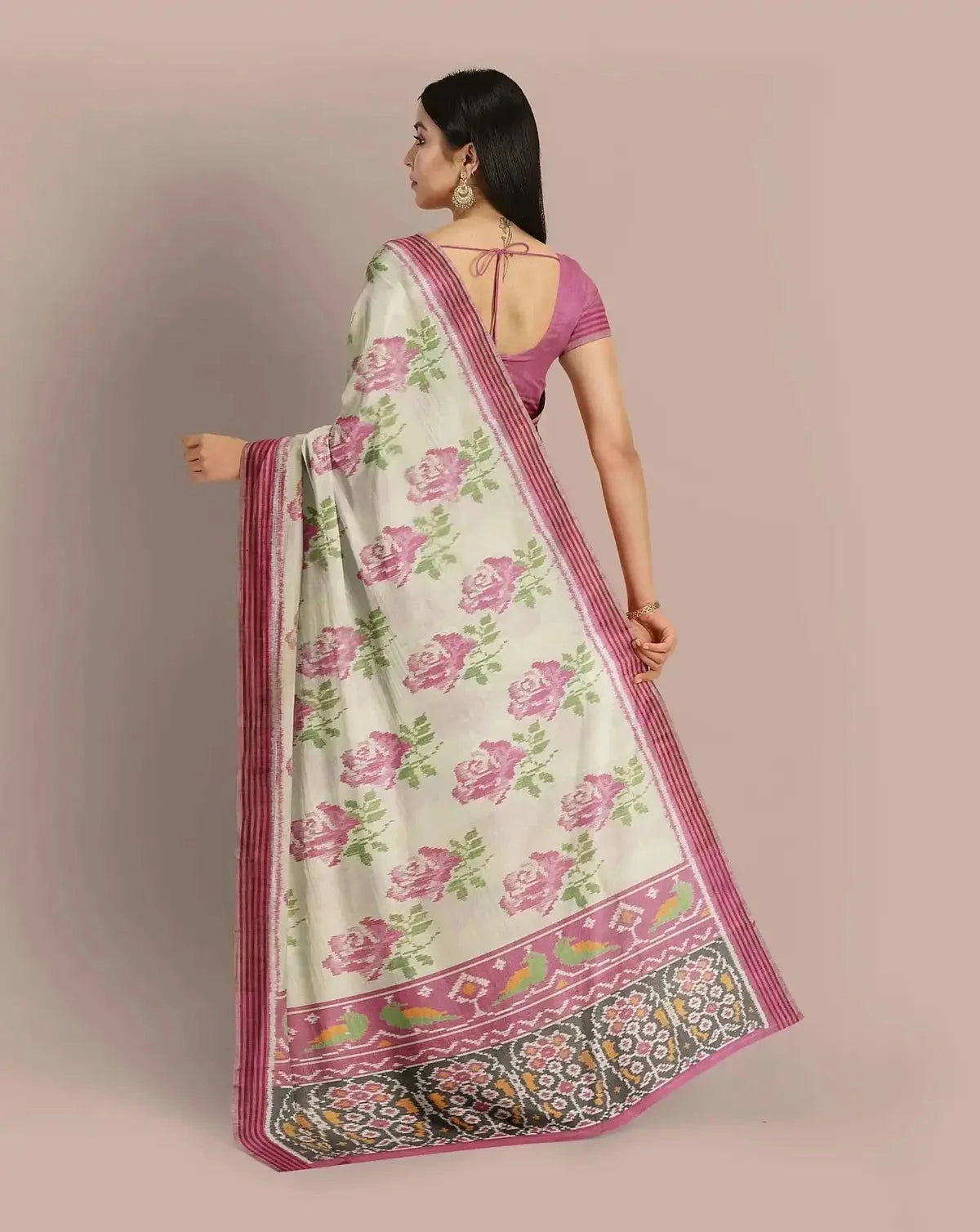 Ivory with onion Pink Patola Silk Saree - Pallodstore