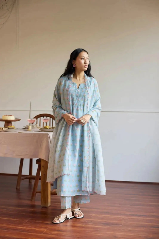 Juanita Powder Blue Pintuck Kurta Set - Pallodstore