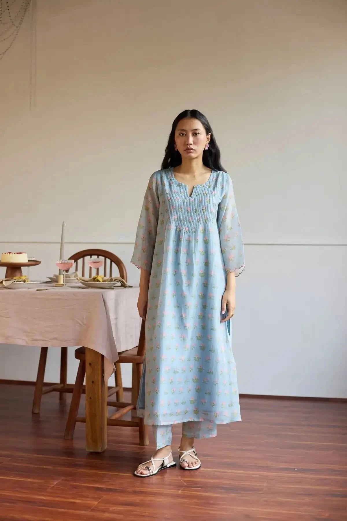 Juanita Powder Blue Pintuck Kurta Set - Pallodstore