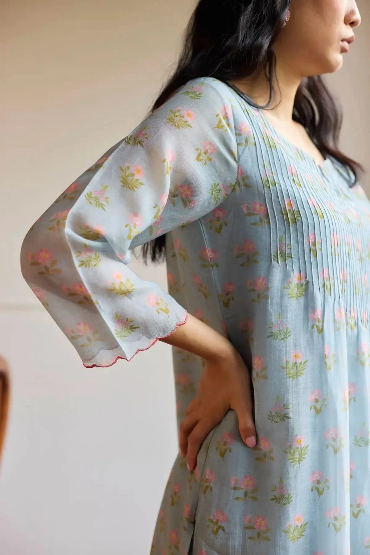 Juanita Powder Blue Pintuck Kurta Set - Pallodstore