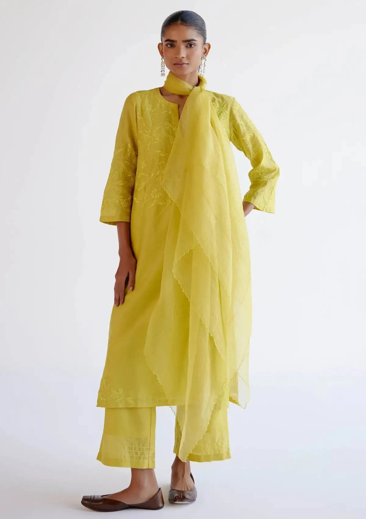Lemon Yellow Chanderi Kurta Set with Resham Work Embroidery - Pallodstore