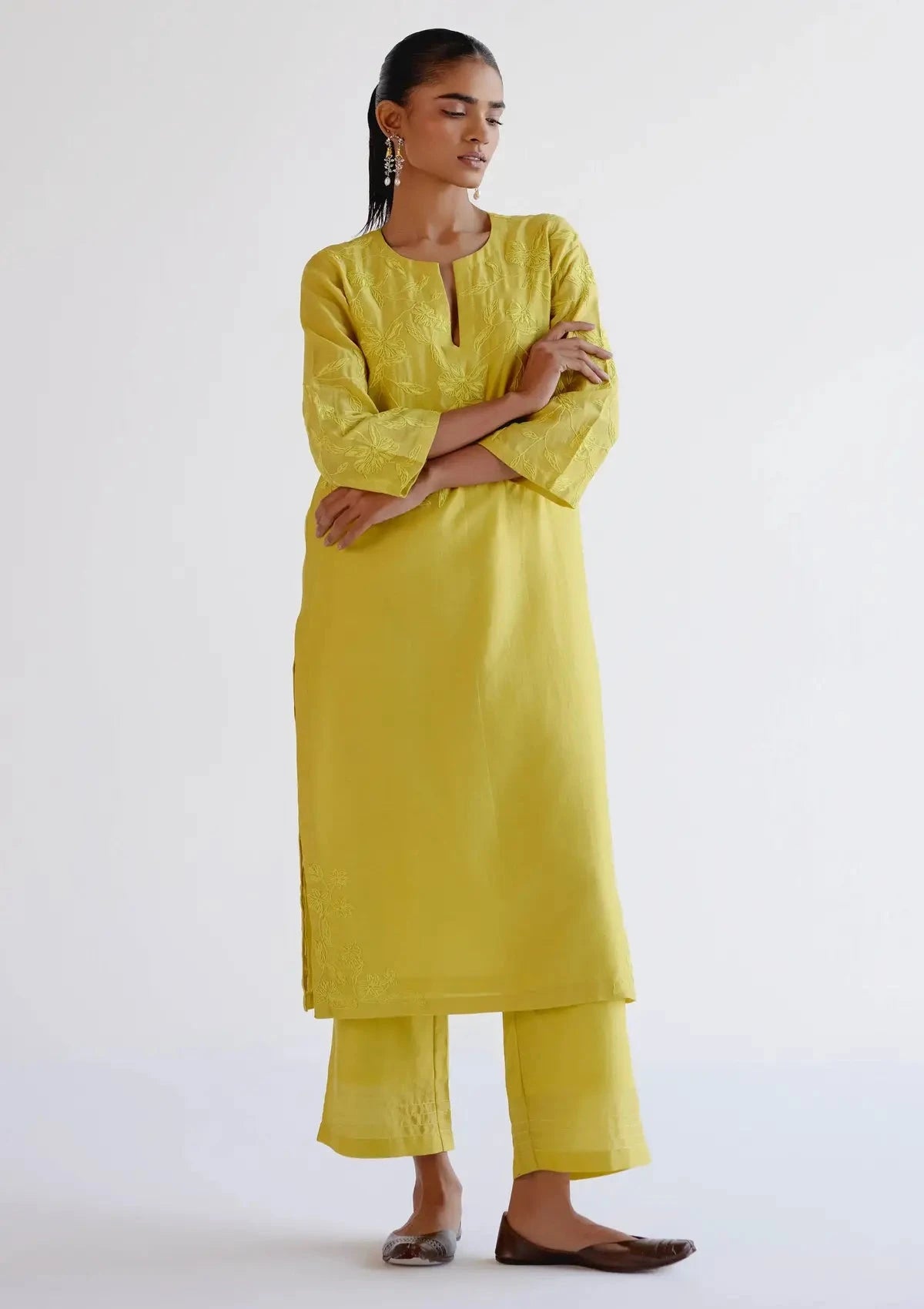 Lemon Yellow Chanderi Kurta Set with Resham Work Embroidery - Pallodstore