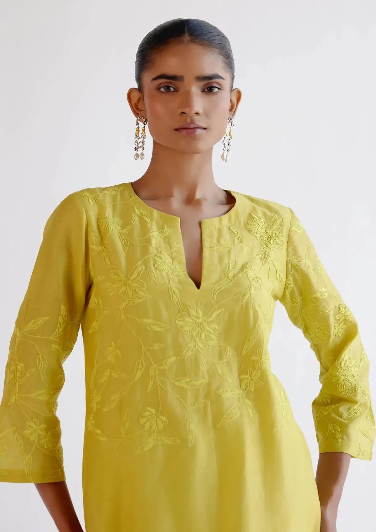 Lemon Yellow Chanderi Kurta Set with Resham Work Embroidery - Pallodstore