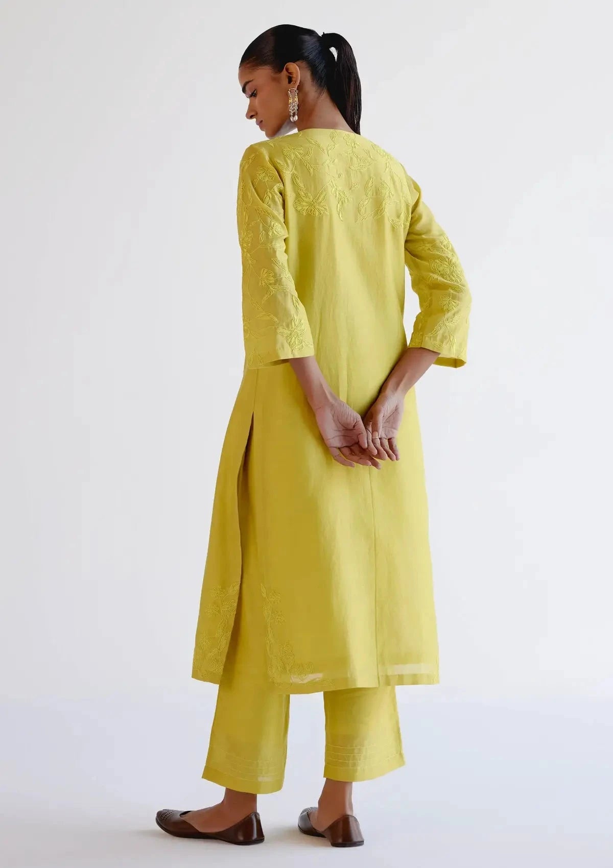 Lemon Yellow Chanderi Kurta Set with Resham Work Embroidery - Pallodstore