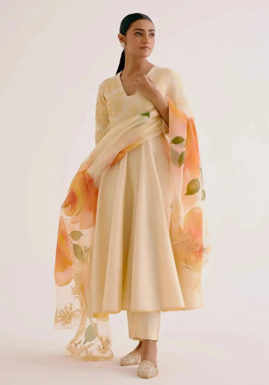 Lemon Yellow Cotton Silk Blend Hand-Painted Anarkali Set - Pallodstore