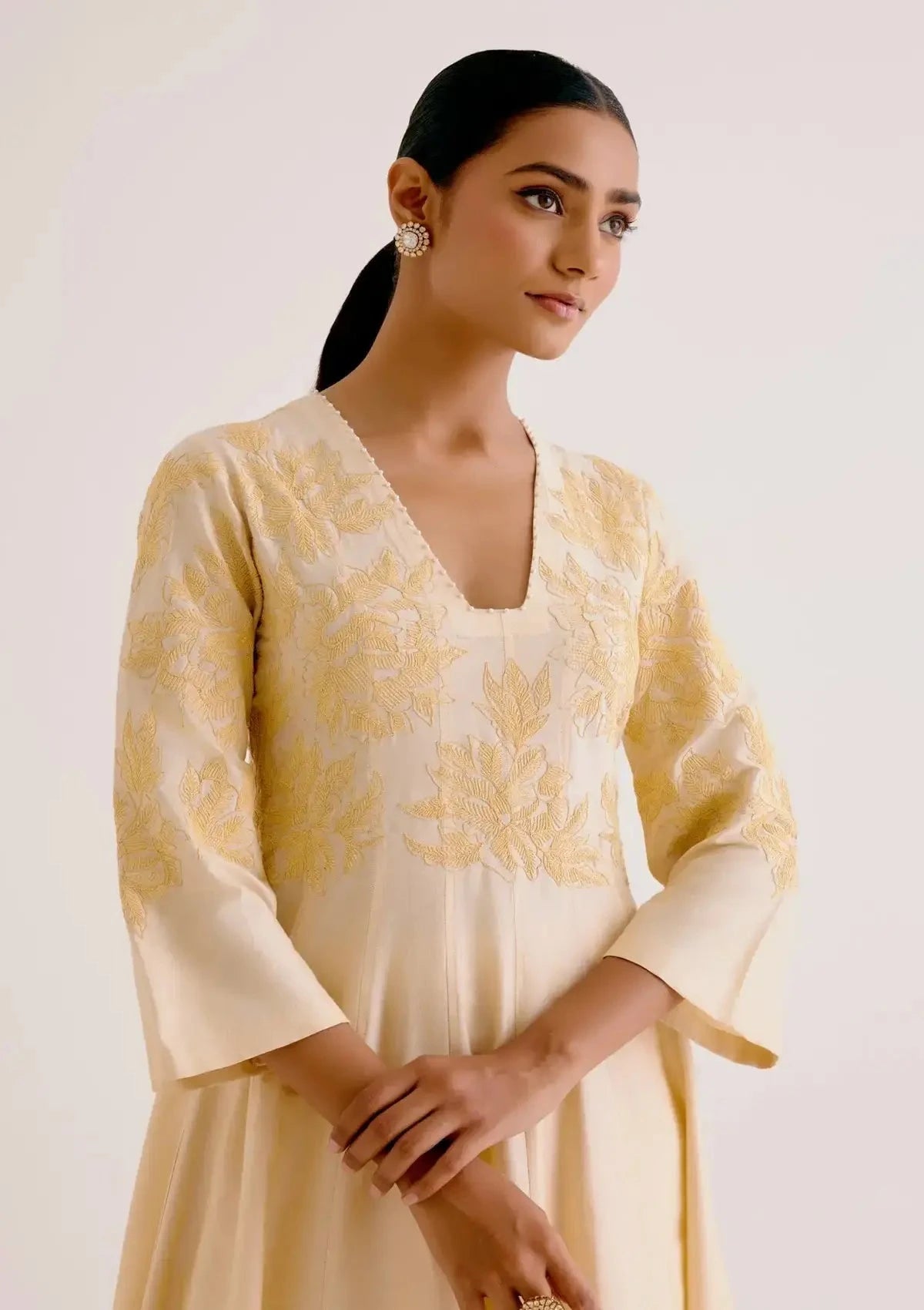 Lemon Yellow Cotton Silk Blend Hand-Painted Anarkali Set - Pallodstore