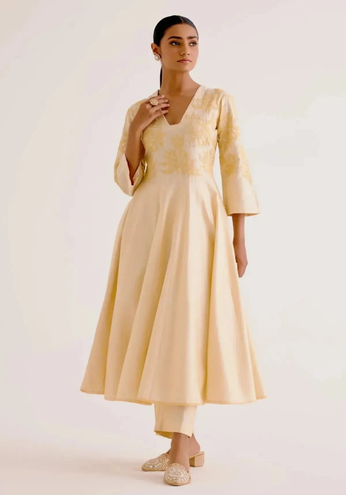 Lemon Yellow Cotton Silk Blend Hand-Painted Anarkali Set - Pallodstore